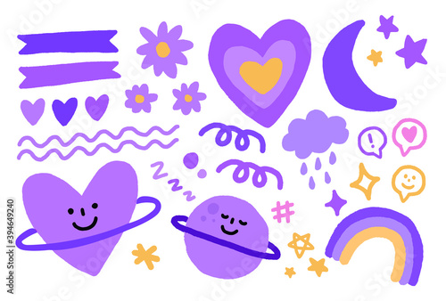 purple vector hand drawn elements, violet, heart, flowers, doodle, drawing