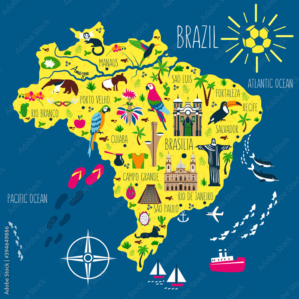 Fototapeta premium Brazil illustrated flat map vector, South America geographic cartoon banner template with landmarks, museum, church, traditional food, Brazilian carnival, animal and flowers, design for travel poster