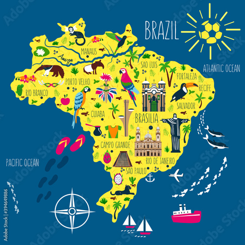 Brazil illustrated flat map vector, South America geographic cartoon banner template with landmarks, museum, church, traditional food, Brazilian carnival, animal and flowers, design for travel poster