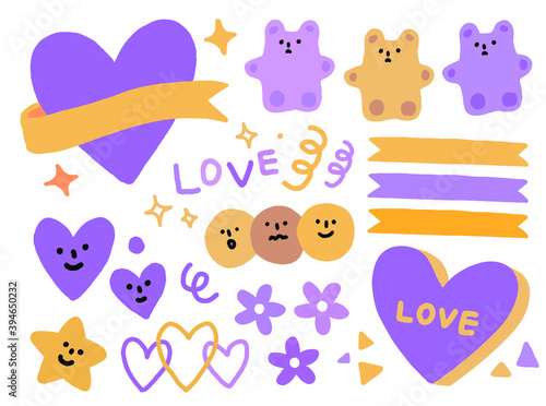 Vector hand drawn elements, purple, gummy bears, faces, sticker.