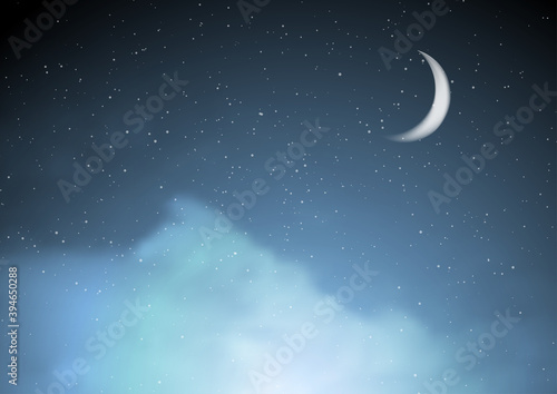 Abstract night blue starry cloudscape background with moon. Graphic vector design clipart