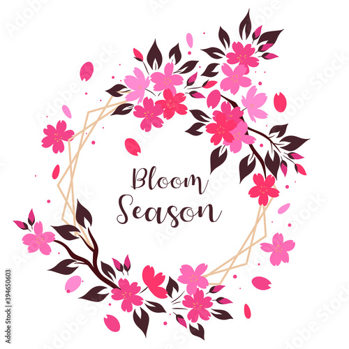 Frame from sakura flowers on a white background. The inscription Bloom Season. Vector graphics