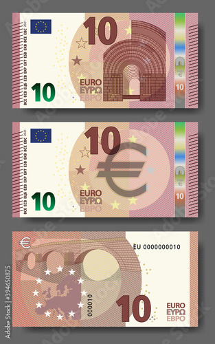 Set of new paper money in the style of the European Union. Red 10 euro banknote with architectural arch and bridge. EPS10
