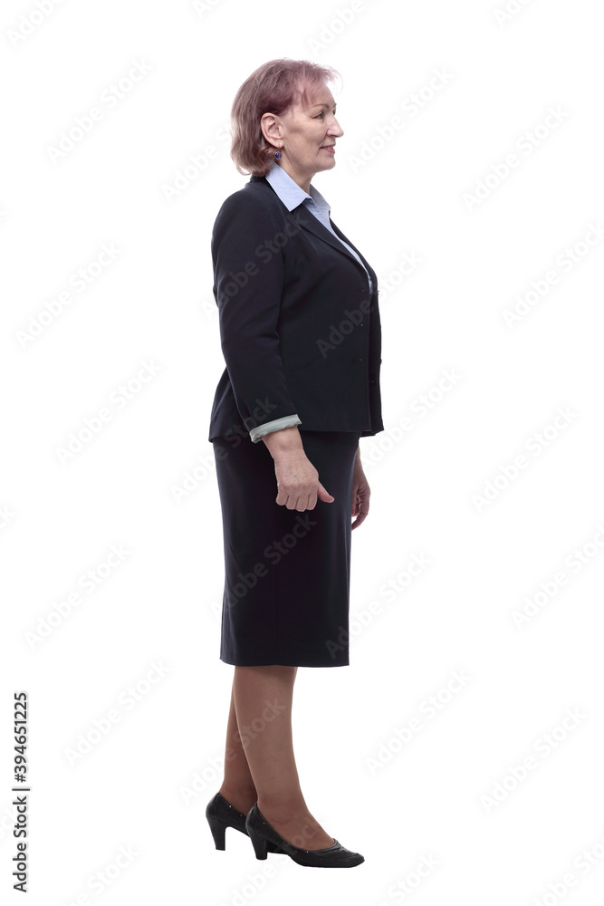 successful business lady looking at a white screen. isolated on a white successful business lady looking at a white screen. isolated on a white