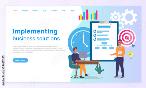 Landing page implementing business solutions. Manager sits at table with laptop, office worker points to clipboard with check markers. Target, arrow, bar chart, infographic icons. User interface © robu_s