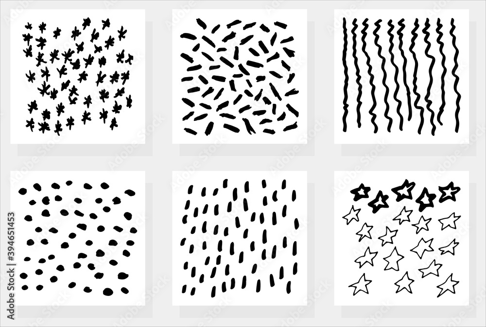 Simple vector hand-drawn black and white textures. Set of six grunge abstract patterns of dots, lines, spots, snowflakes and stars