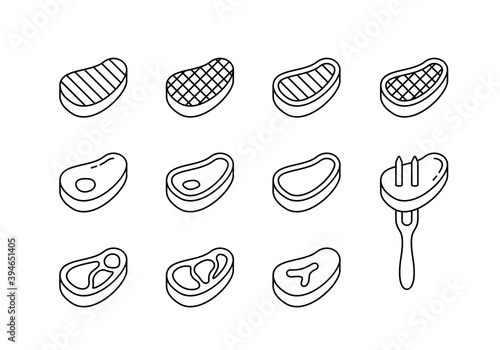 Steak linear icons set. Beef with bone, fat, grill strips, fork. Different views of raw meat piece for packaging design. Black simple illustration. Contour isolated vector pictogram, white background