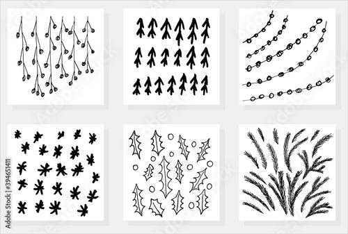 Simple winter christmas grunge patterns. Six vector textures of snowflakes, fir trees, holly berries and leaves, spruce branches and festive garlands