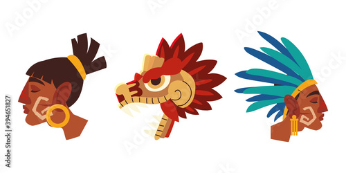 aztec warrior faces traditional headgear feathers and snake icons