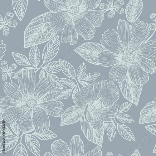 Wildflowers. Hand drawing. Black engraving, graphics, line art. Vintage seamless pattern. Black and white. Isolated vector illustration.