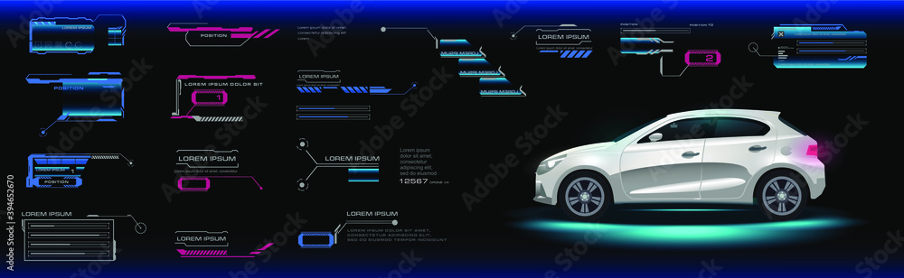 Car user interface HUD, GUI, UI. Road navigation. Control system for an unmanned vehicle. Virtual GUI with electric vehicle options and parameters. Vector car interface Car user interface HUD, GUI, UI. Road navigation. Control system for an unmanned vehicle. Virtual GUI with electric vehicle options and parameters. Vector car interface