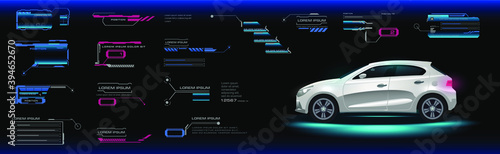 Car user interface HUD  GUI  UI. Road navigation. Control system for an unmanned vehicle. Virtual GUI with electric vehicle options and parameters. Vector car interface