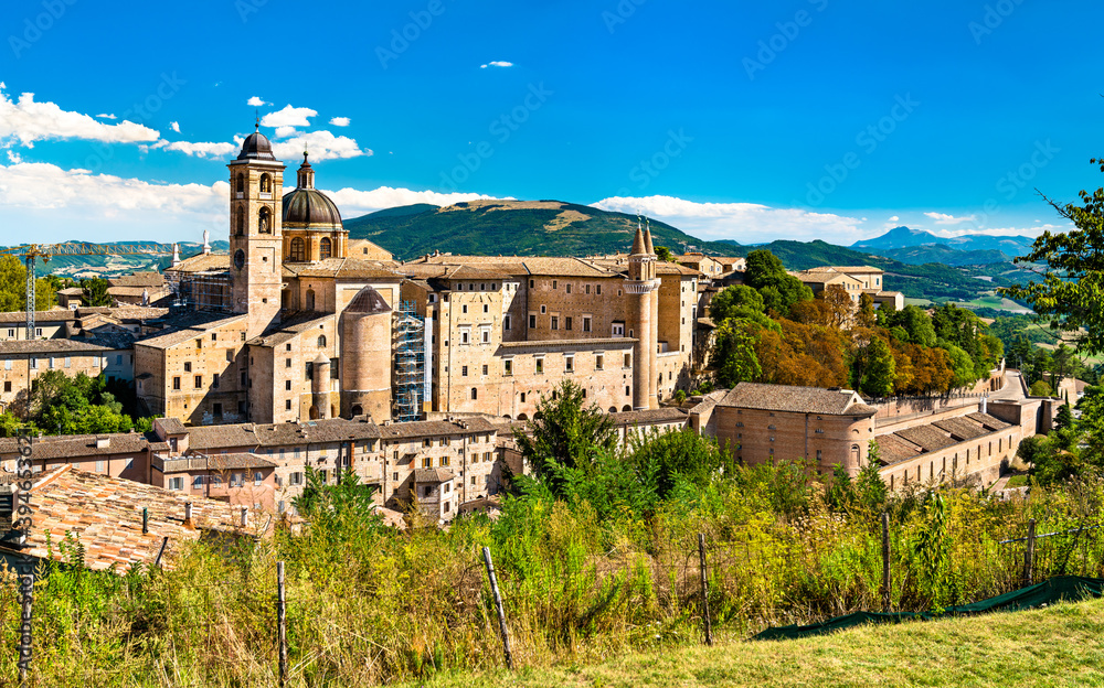 View of Urbino with the Ducal Palace. UNESCO world heritage in Marche, Italy