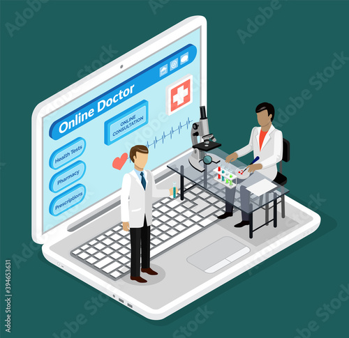 Lab assistants in medical laboratory. Doctor holds flask in hand, laboratory assistant sitting at table with microscope, test tubes, glass containers. Chemical analyzes, diagnostics and treatment