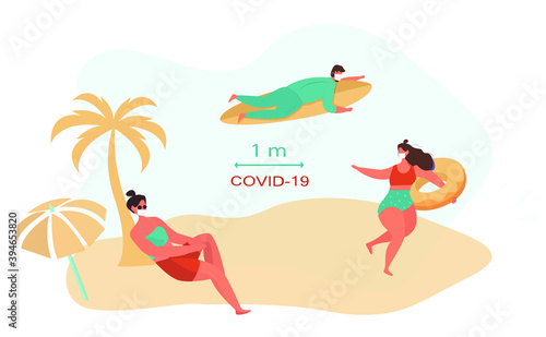 Keep Distance on the Beach during Quarantine.Beach Holiday and Activities at Sea,Surfing and Sunbathe in Covid 19.Characters in Medical Masks.Summer Holiday.Flat Vector Illustration © Iryna Tymoshenko