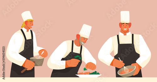 Chef and cooks prepare dishes. Catering and eating out . Cook s profession. Restaurant menu. Sous chef cooks dish, puts greens on a plate. Male cook beat sauce with a whisk. Flat image illustration