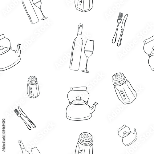 Hand drawn illustration of kitchen tools on a white background seamless pattern. Kitchen  equipments  Doodle. Vector illustration. Glass of wine and bottle, salt, kattle, folk and knife sketching