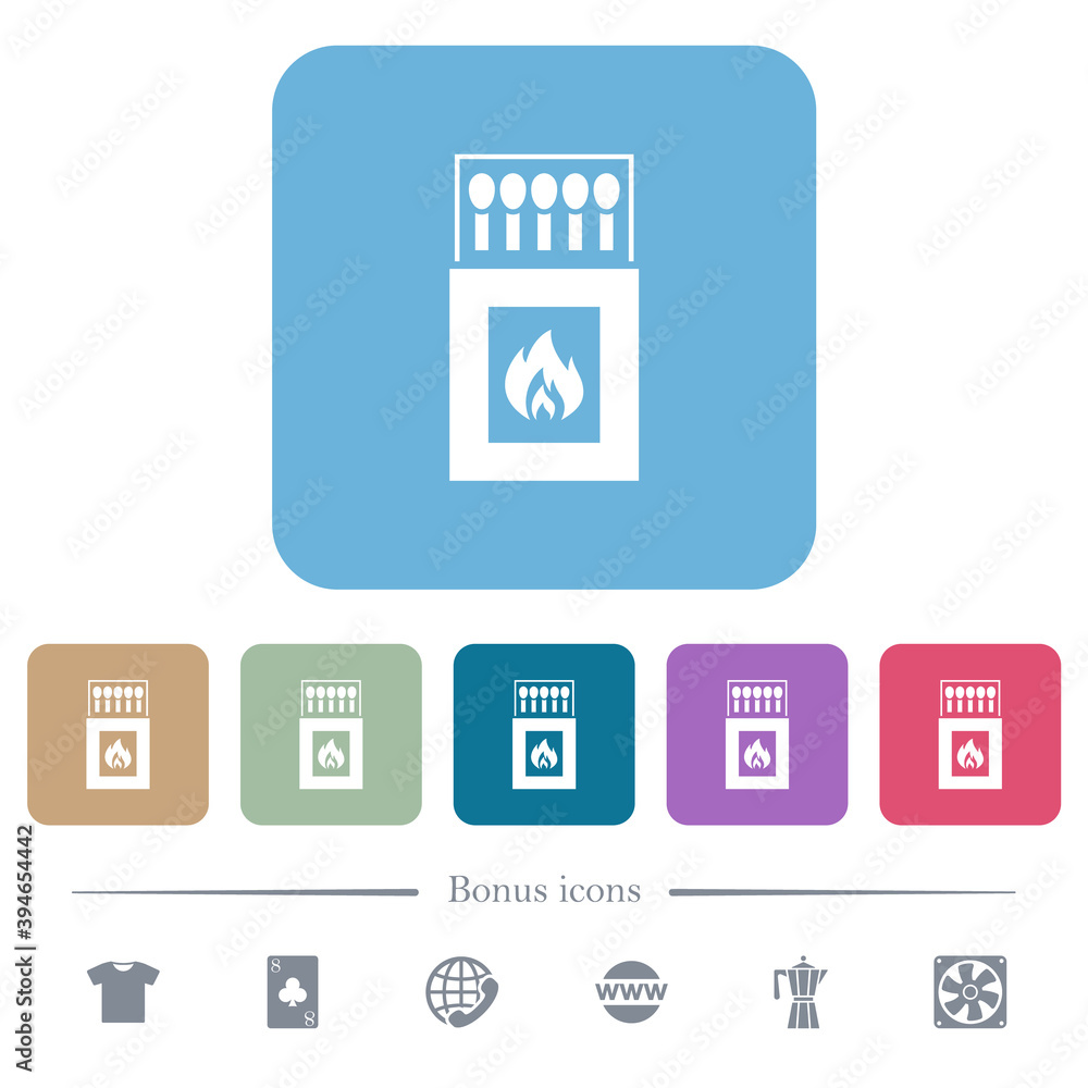 Box of matches flat icons on color rounded square backgrounds Box of matches flat icons on color rounded square backgrounds