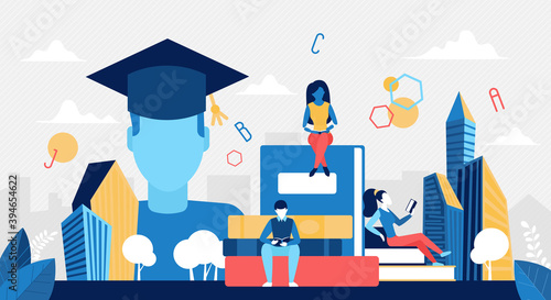 Education technology, digital library concept vector illustration. Cartoon student characters sit on stack of archive books, study and read literature, ebook, electronic modern encyclopedia background