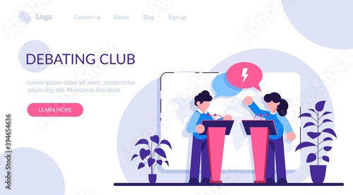 Debating club concept. Discussion of important cases. Man vs woman idea. Feminism idea. People political debate. Modern flat illustration.