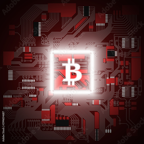 HUD Golden bitcoin. digital currency money. technology microchip mining worldwide network concept. Web banner golden bitcoin on motherboard background with microchip. Physical bit coin. Cryptocurrency