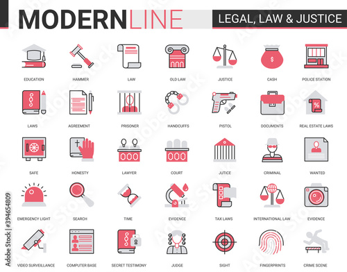Legal law and justice flat line icon vector illustration set. Red black infographic design of mobile app website symbols with judicial legislation education, lawyer defense, police investigation