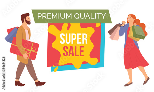 Super sale announcement. Premium quality products in the store. Girl with shopping bags is smiling happily during the sale. Male character is buying presents. Couple buys gifts for the holiday