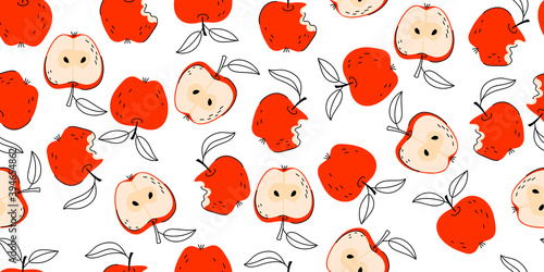 Bright Seamless Fruit Background Apples Vector Pattern with leaves and apple slice. Set of whole apple, cut and bitten off apple. Vector hand drawn illustration for fabric, drawing labels, print.