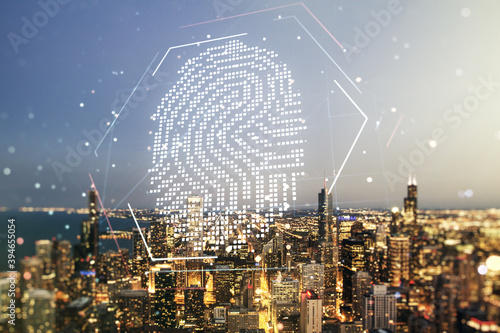 Abstract virtual fingerprint illustration on Chicago cityscape background, personal biometric data concept. Multiexposure
