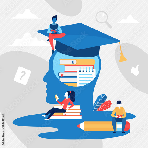 Education concept vector illustration. Cartoon tiny learning reading people and abstract head of graduate person full of educational knowledge from books, ideas thoughts and analytics background