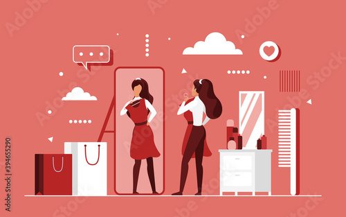Try on fashion clothes concept vector illustration. Cartoon beautiful fashionable woman character trying on trendy dress in front of mirror in home wardrobe after shopping, choose outfit background