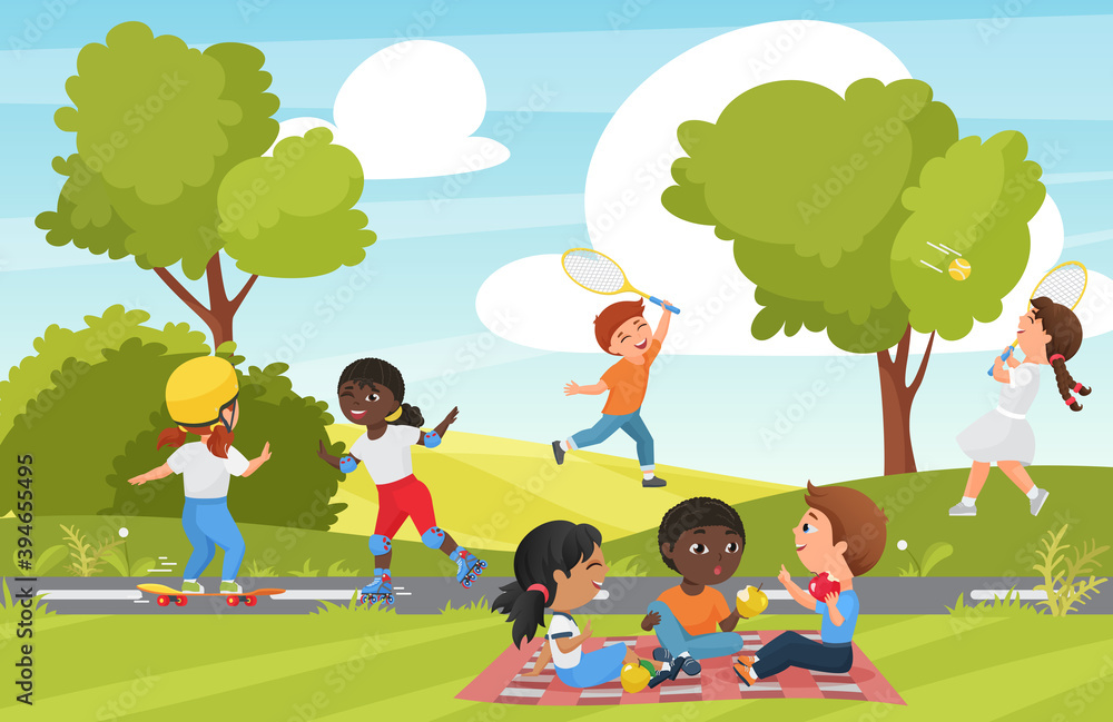 Children play in summer park vector illustration. Cartoon group of little  kids playing badminton, happy child skating and skateboarding in playground  of recreation park or garden landscape background Stock Vector | Adobe
