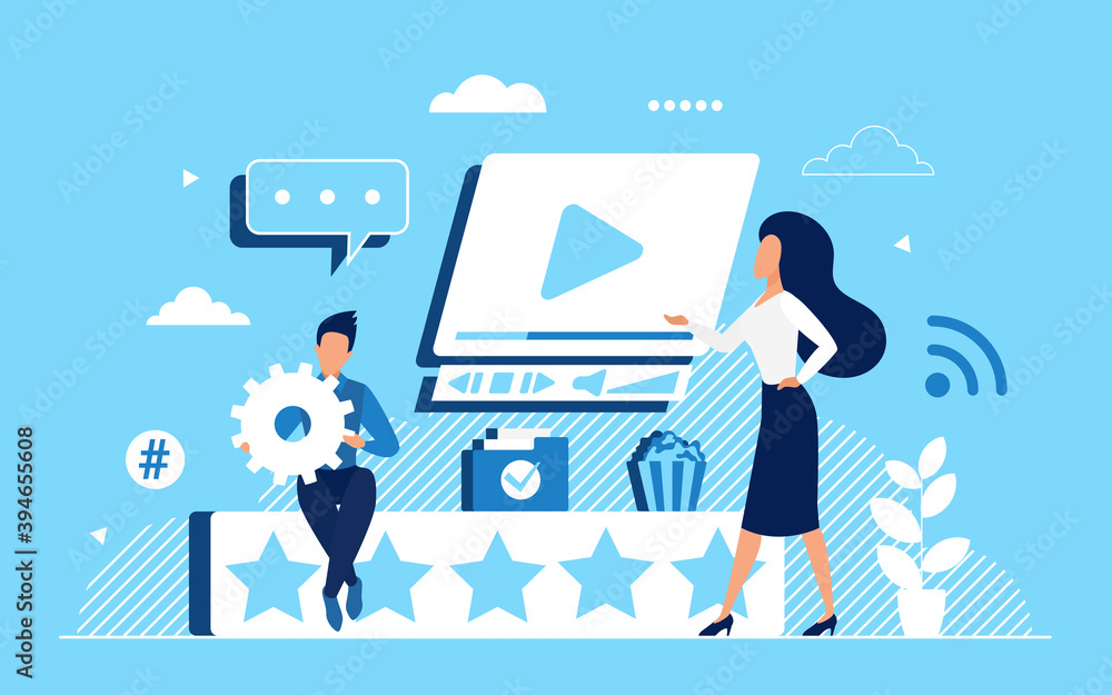 Video rate feedback concept vector illustration. Cartoon online promotion video presentation with tiny customer characters and experience rating stars, modern social media recommendation background