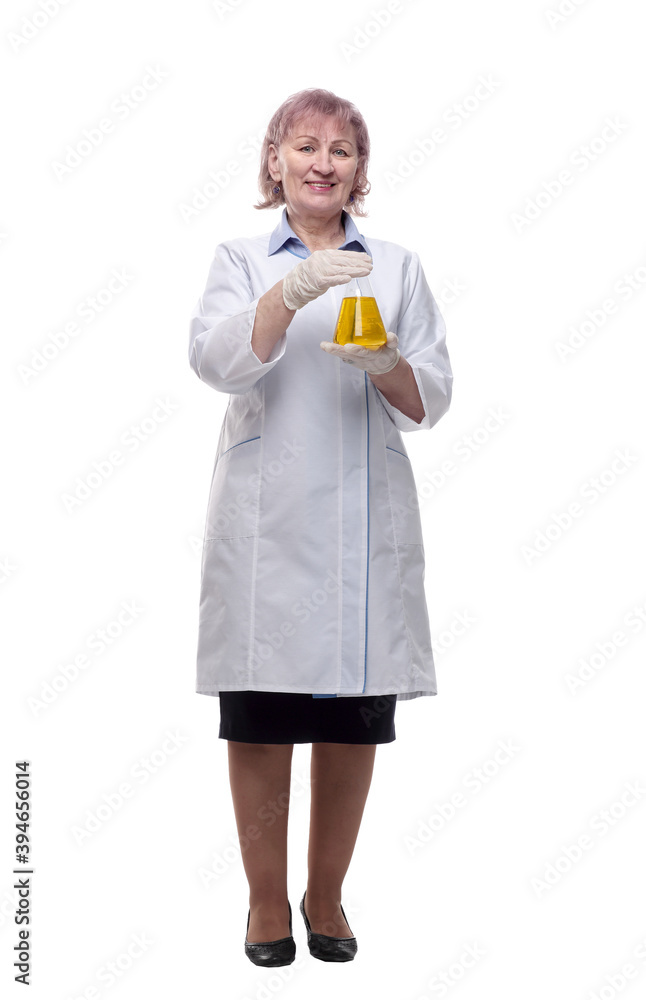 female doctor with a laboratory flask . isolated on a white
