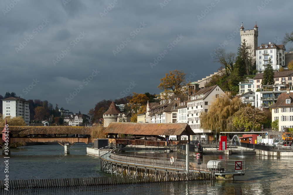 medieval house tower and bridge in the old town of Lucerne, Switzerland