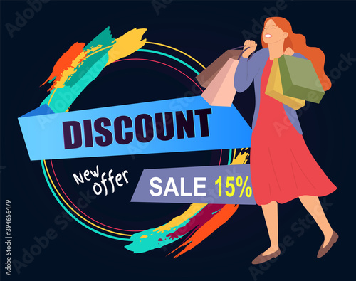 Announcement of the new offer in the store. Sale and discounts advertisement concept. Happy woman with shopping bags in her hands. Young beautiful girl picks up multi-colored packages with clothes
