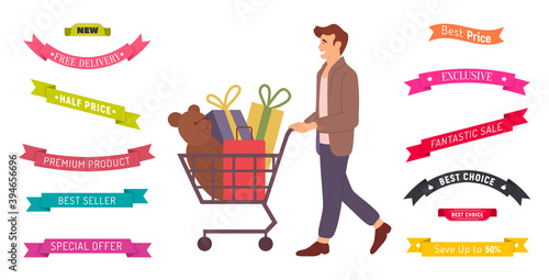 Man with gift boxes and toy bear in the shopping cart. Announcement of low prices and sales. Special offer and the best choise of products in the store. Guy buys exclusive gifts for the holiday