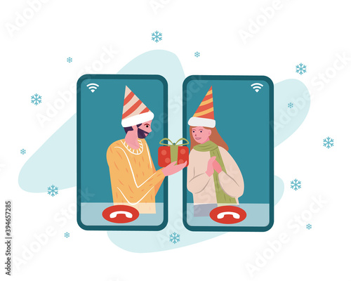 Lover dating online via smart phone send e-gift box on Christmas and New year celebration. Cartoon flat vector illustration. Party online, video call, family gathering concept.