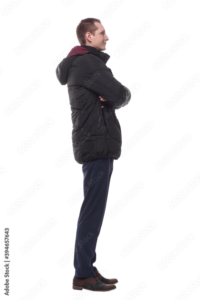 confident young man looking at the white screen . isolated on a white confident young man looking at the white screen . isolated on a white
