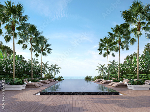 Large swimming pool terrace with sea view 3d render,There has wooden floors,black marble tile,decorated with rattan furniture, surrounded by tropical plant.