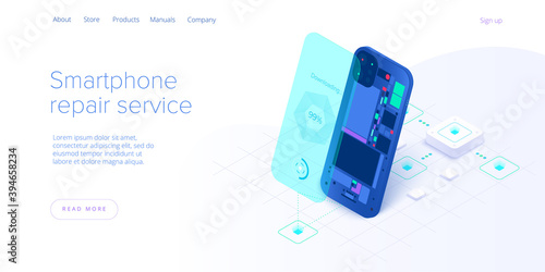 Smartphone repair service in isometric vector illustration. Cellphone or mobile phone  maintenance concept design. Web banner for broken gadget or device warranty fix.
