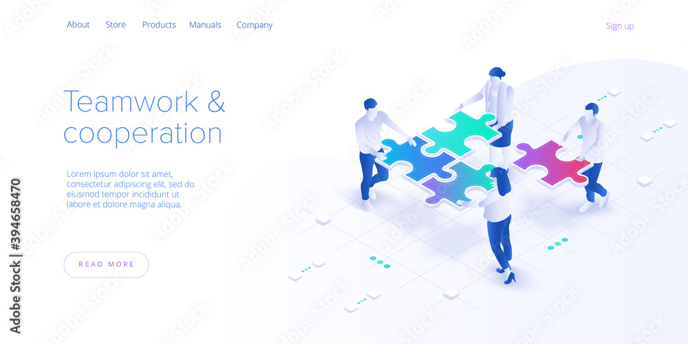 Teamwork concept vector illustration. Business team matching pieces of puzzle. Cooperation or partnership metaphor. Web banner. - obrazy, fototapety, plakaty 