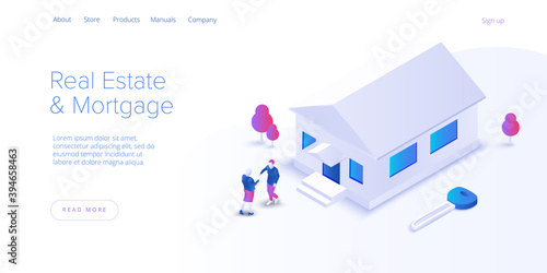 Real estate searching service app. Property mortgage or loan concept in isometric vector illustration. Home buying or property rent payment system. Web banner for finding house application.