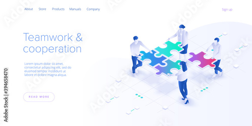 Teamwork concept vector illustration. Business team matching pieces of puzzle. Cooperation or partnership metaphor. Web banner.