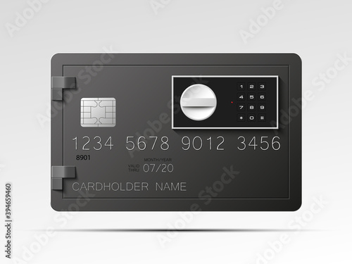 Credit card with Electronic lock picture. Bank card with image combination lock on front side. Plastic card with steel safe. Debit card with electromagnetic locking devices chip illustration