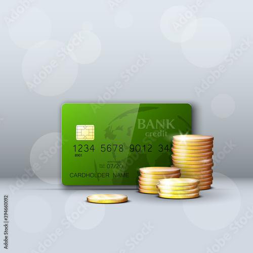Credit card & gold coins banner. Banking hidden treasures icon. Finans riches icon. Plastic card software wealth badge. Debit card with electromagnetic chip. Privacy Electronic money funds transfer.