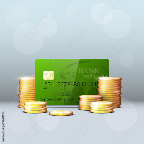 Credit card & gold coins banner. Banking hidden treasures icon. Finans riches icon. Plastic card software wealth badge. Debit card with electromagnetic chip. Privacy Electronic money funds transfer.
