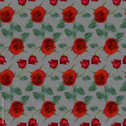 Seamless pattern with red rose flowers and green leaves on grey background. Endless colorful floral texture. Raster illustration.
