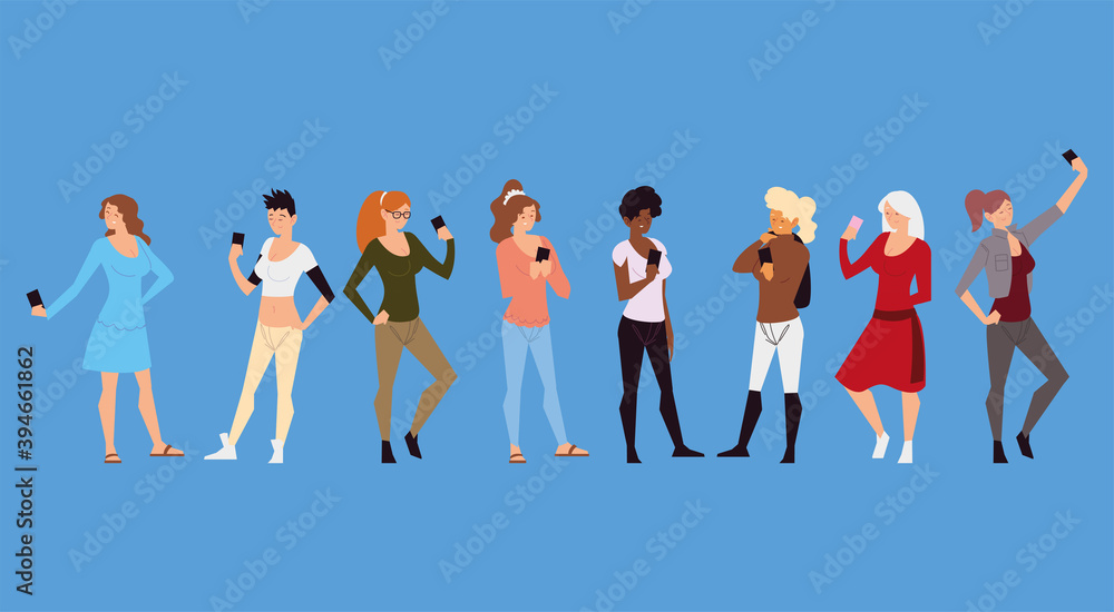 Obraz premium different women group using smartphone devices