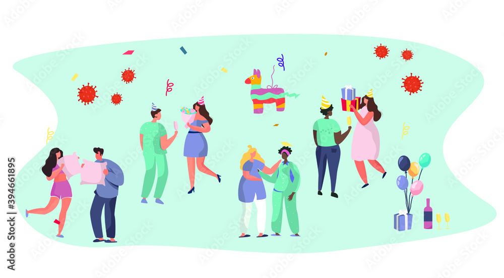 Covid 19 Party.Birthday Party with Friends in Quarantine. Characters Celebrate Online Birthday Party during Covid 19. Meeting With Friends. Flat Vector Illustration